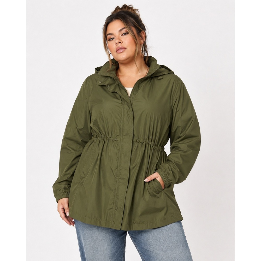 Ava & Viv Olive Green Hooded Utility Jacket Lightweight Parka | Plus Size 1X
